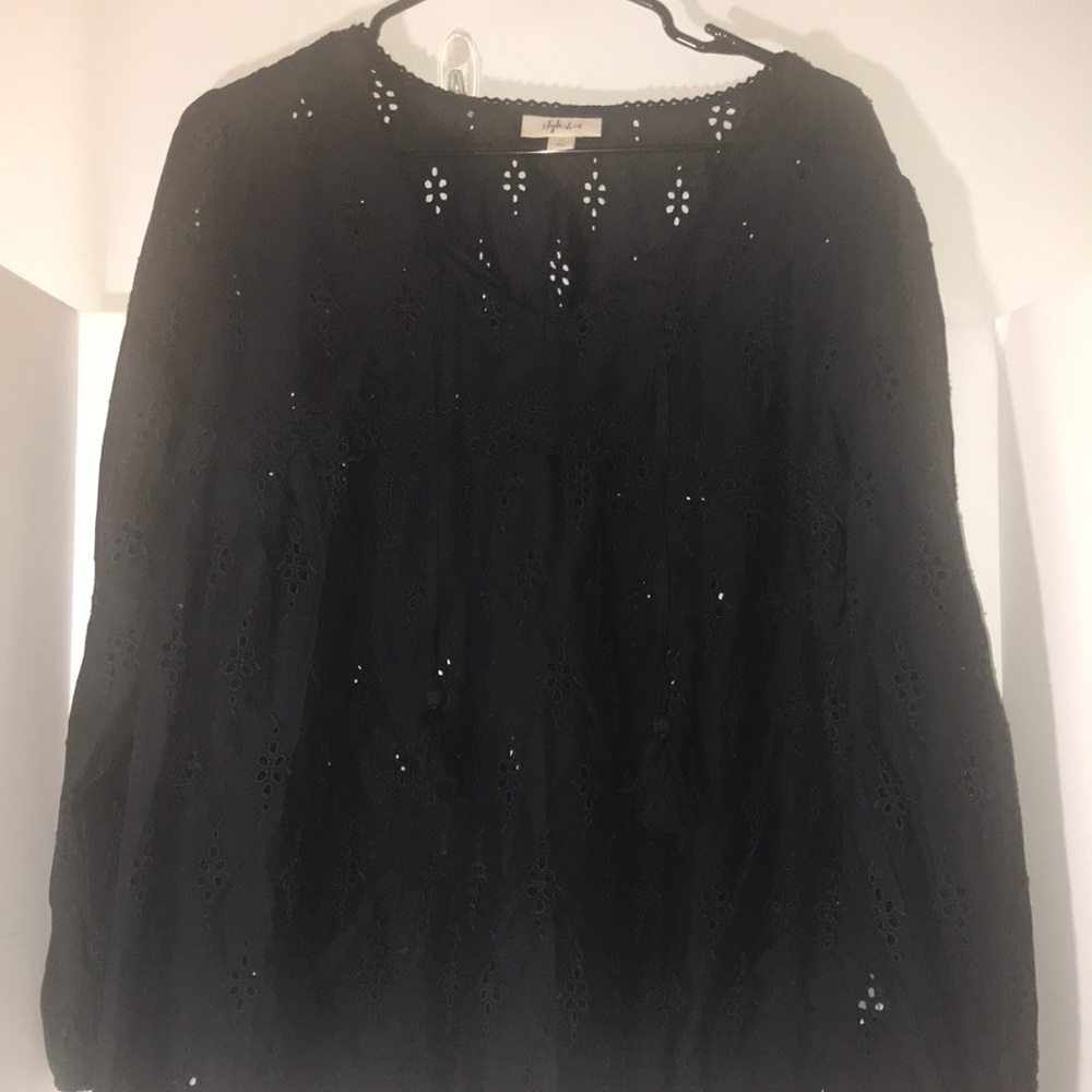 Style & Co top size L long sleeves eyelet design boho style black 100% c…